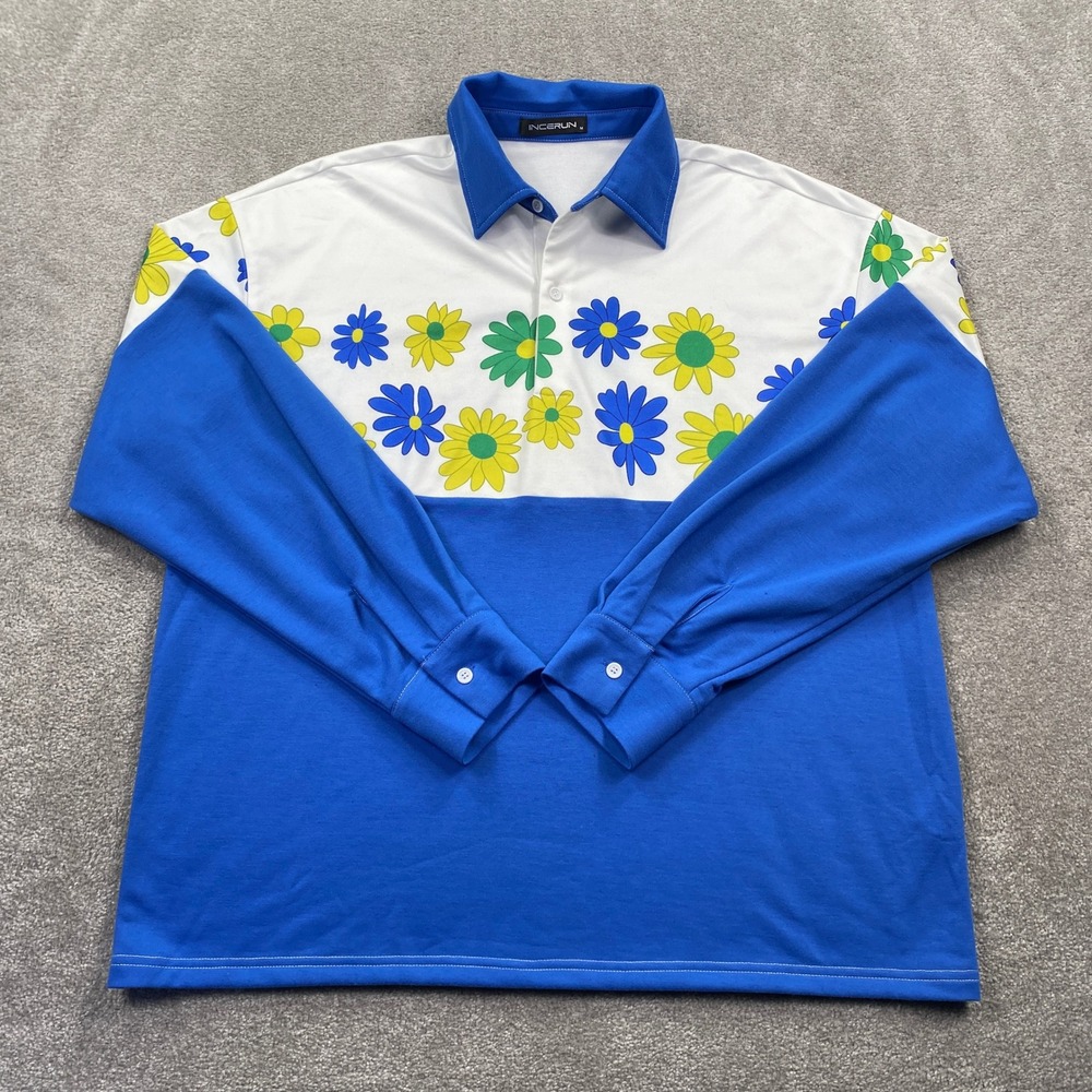 Incerun Mens Blue White Floral Daisy Colorblock Long Sleeve Polo Shirt Size M
